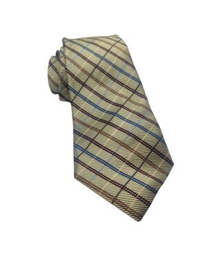 T. Harris London Plaid Mens Silk Tie - Beige Brown & Blue Pattern